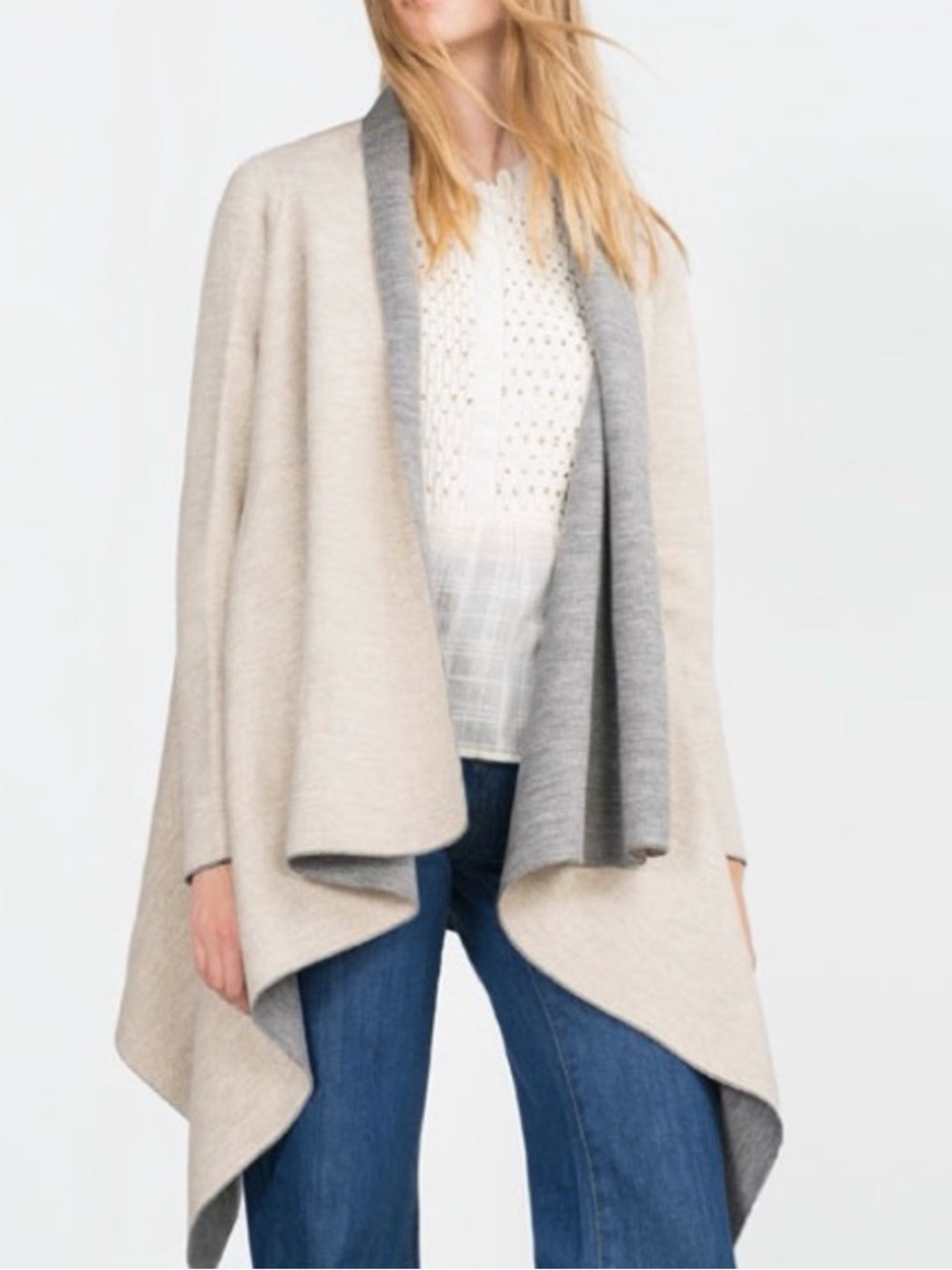 Zaraโ Knit Open Front Waterfall Cardigan in Beige & Gray, Size M